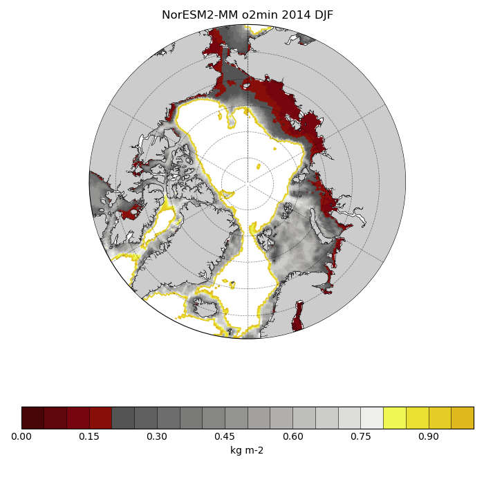 Map of NorESM2-MM o2min 2014 DJF