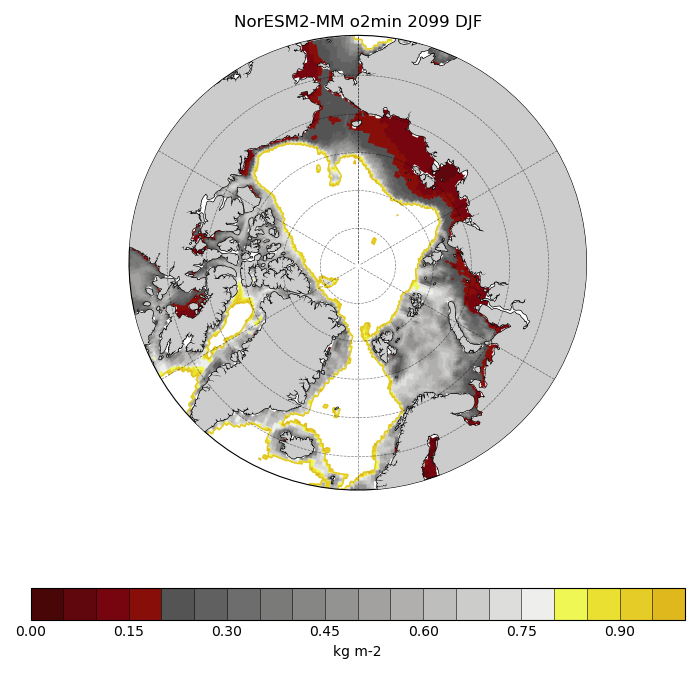 Map of NorESM2-MM o2min 2099 DJF