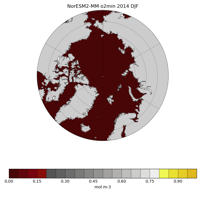 Map of NorESM2-MM o2min 2014 DJF