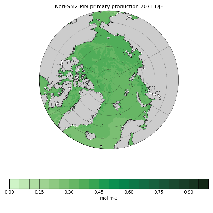 Map of NorESM2-MM primary production 2071 DJF
