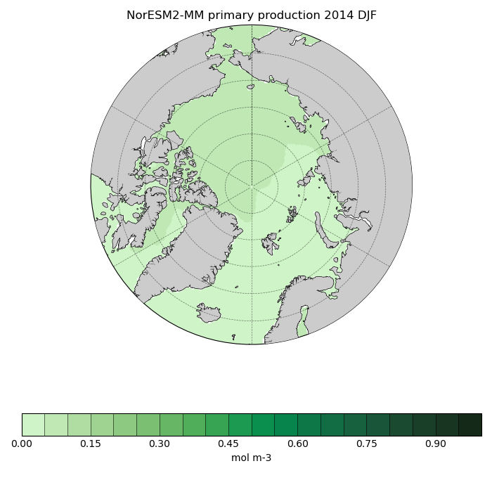 Map of NorESM2-MM primary production 2014 DJF