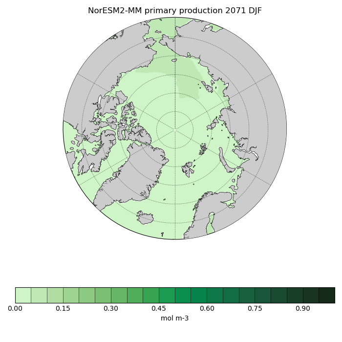 Map of NorESM2-MM primary production 2071 DJF