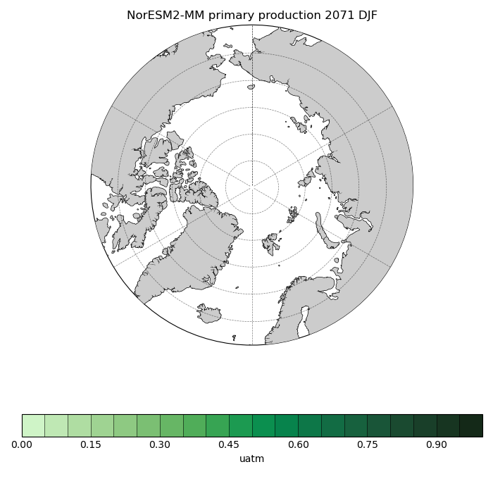 Map of NorESM2-MM primary production 2071 DJF