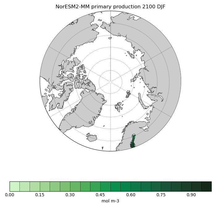 Map of NorESM2-MM primary production 2100 DJF